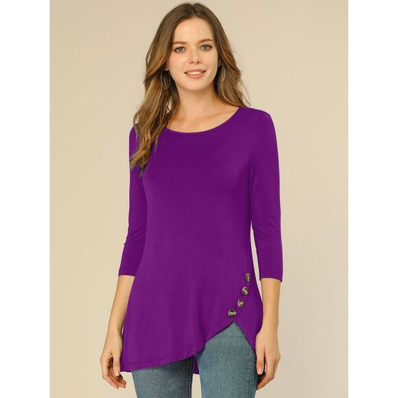 3/4 Sleeve Round Neck Button Decor Stretchy Tunic Tops Purple - Picture 4 of 6